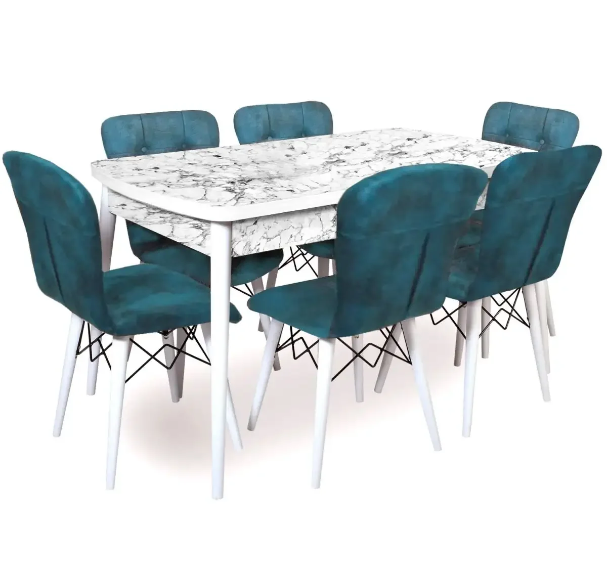 Set Masa Extensibila cu 6 Scaune Tapitate Homs Marmorat Alb 250-30650 - Turcoaz 170 x 80 cm