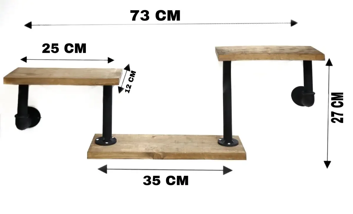 Raft cu 3 Polite Stil Industrial din Lemn-Metal Homs 73 X 12 X 27 cm