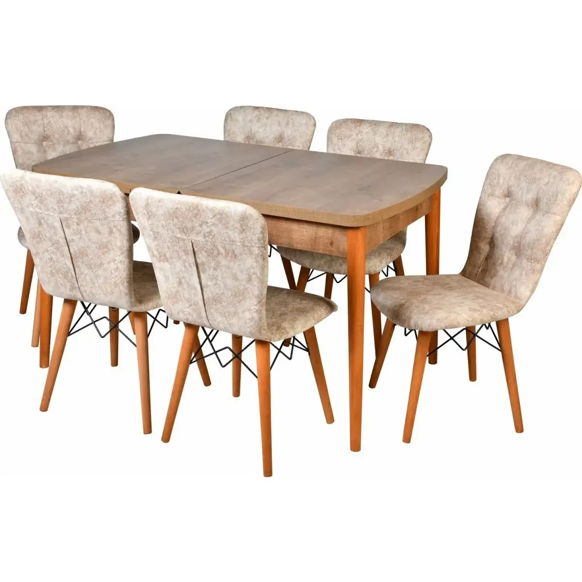 Set Masa Extensibila Cu 6 Scaune Tapitate Homs Nuc/Bej 170 x 80 Cm Picioare Lemn