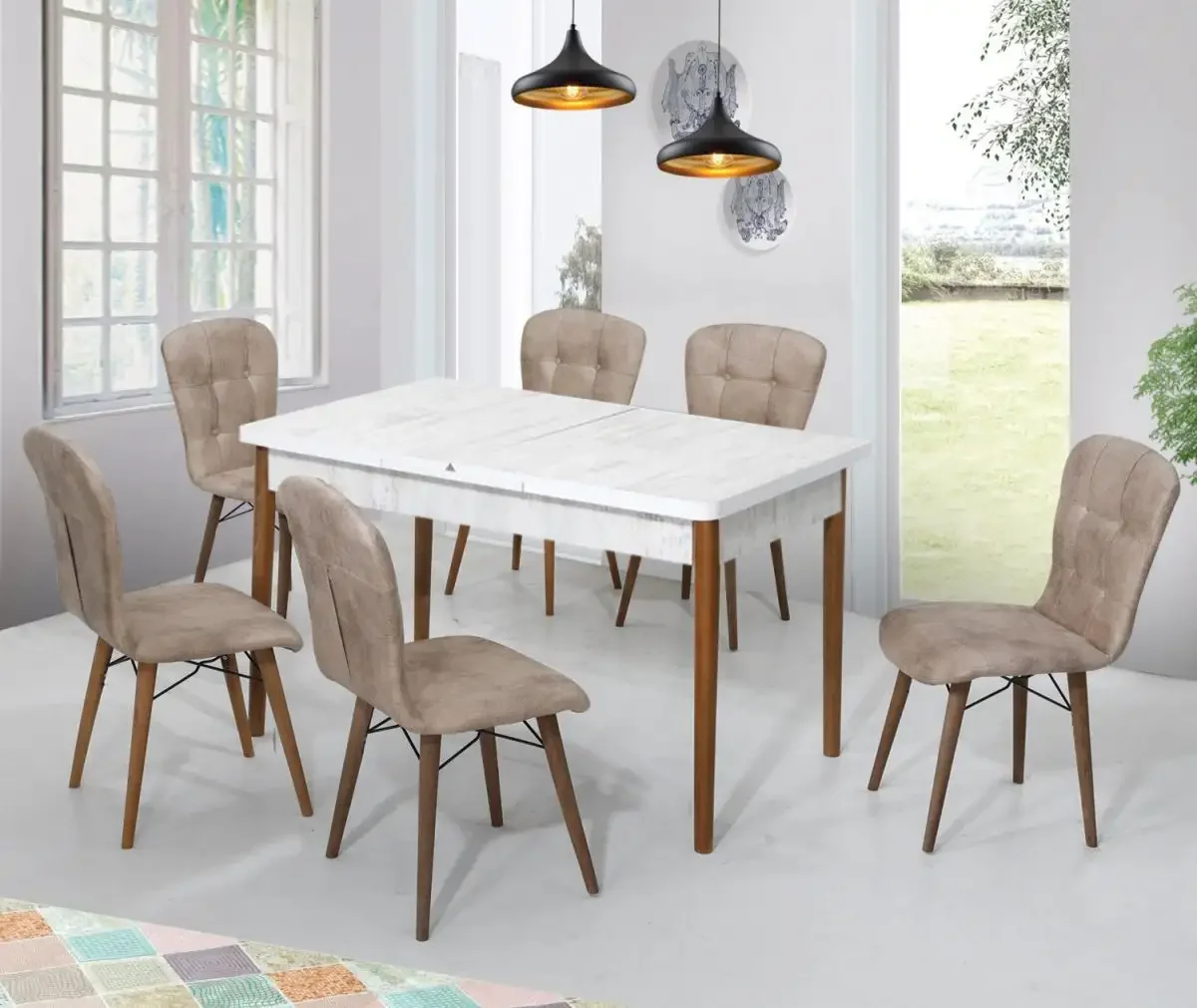 Set Masa Alba Extensibila cu 6 Scaune Tapitate Maro Homs Cristal 170 x 80 cm, Picioare Lemn
