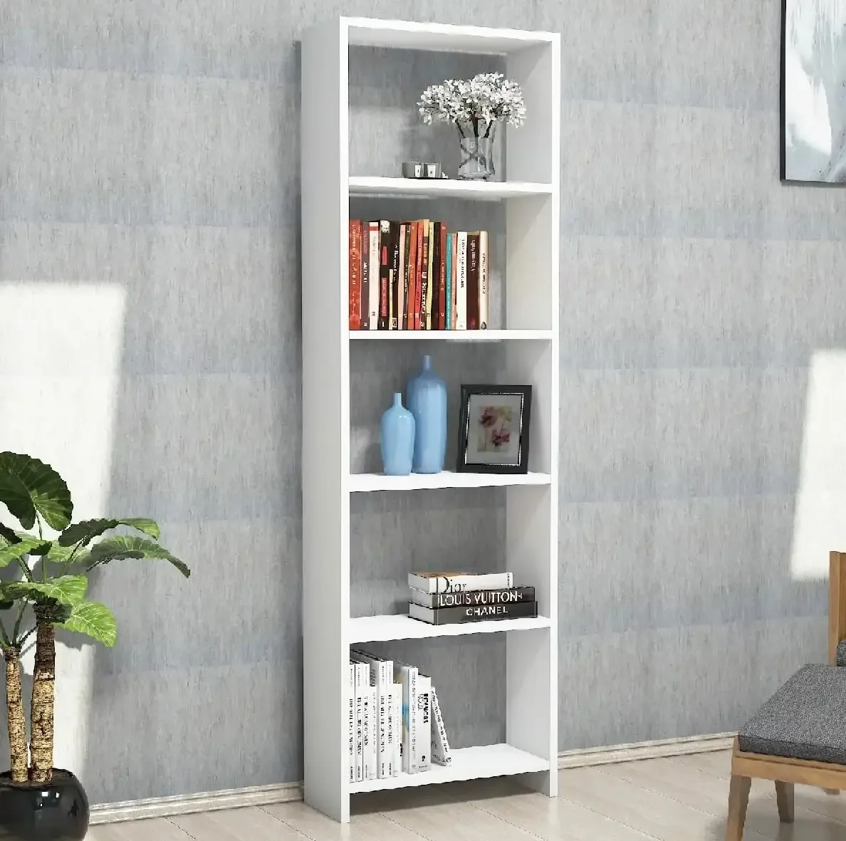 Biblioteca cu Etajere Carti, Homs Design, Alb, 160 x 50 x 20 cm, PAL