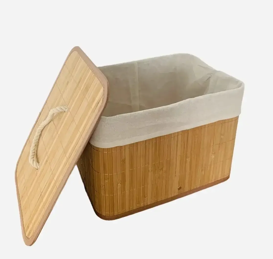 Coș de Depozitare cu Capac din Bambus, Elegant și Practic, cu Interior Textil