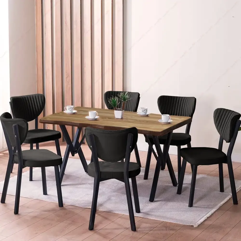 Set Masa Barton Din MDF Cu 4 Scaune Din Metal, Culaore Negru, 140 cm