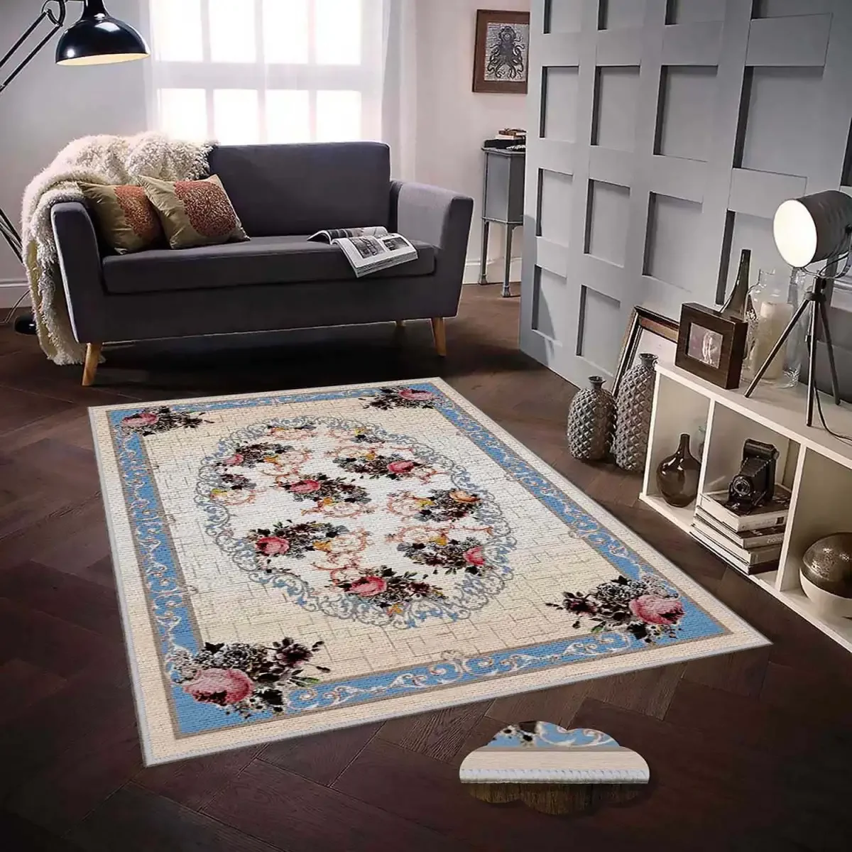 Covor 100×150 cm – Model Floral, Albastru Cald Siena