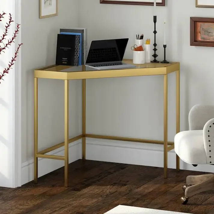 Masa Birou Colt Corner, Sticla, Homs, 100 x 75 x 75 cm, Gold