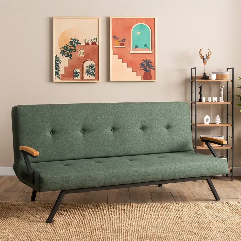 Canapea Extensibilă 2 Locuri Modernă, 180x100 cm – Stofă Verde & Metal Negru – Newyork