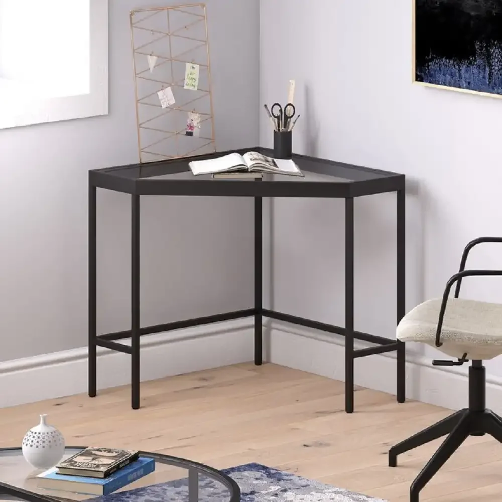 Masa Birou Colt Corner, Sticla, Homs, 100 x 75 x 75 cm, Negru