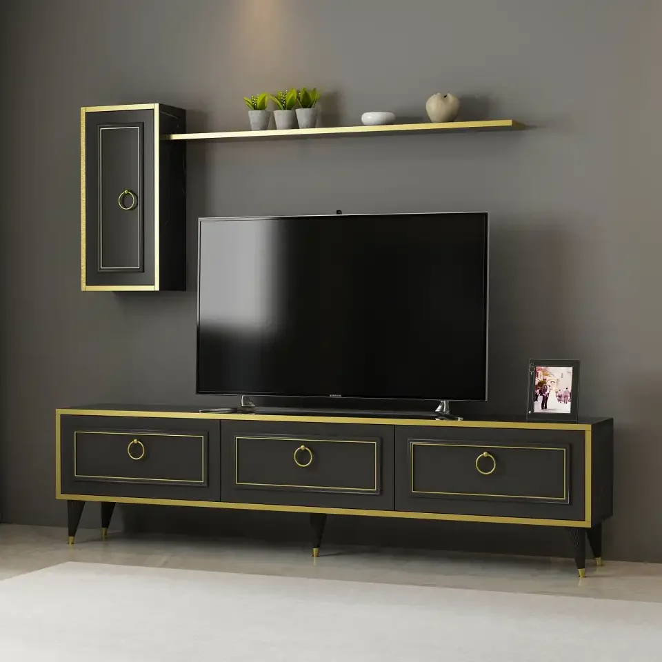 Resigilat: Set Comoda TV si Modul Superior Vals Homs, 180 x 45.5 x 29.5 cm, Negru/Auriu