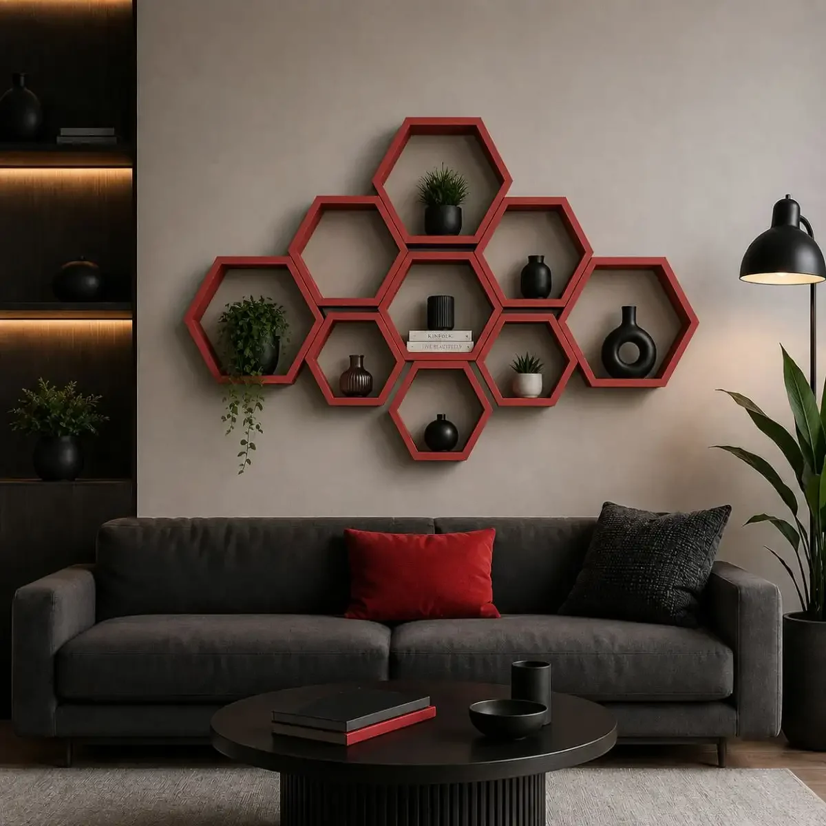 Set 9 rafturi perete Hexa Culoare roşu ,Homs,Seia A620,lemn natur