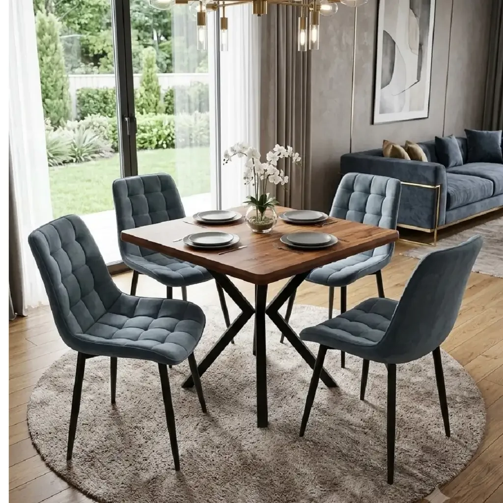 Set masa 80 cm blat MDF si  4 scaune Dnv Homs catifea gri, picioare metalice negre