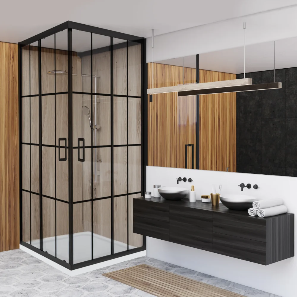 Cabina De Dus Simpla Celesta Titan Patrata Sticla Cu Model Windows 101 6 Mm 90 X 90 X 190 Cm Profil Negru