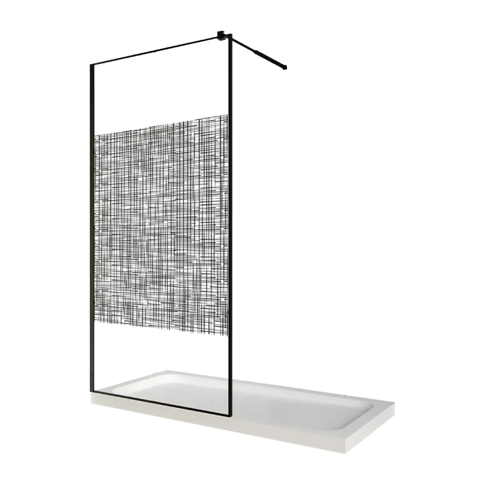 Paravan Dus Walk In / Perete Dus Sticlă Cu Model Lines 104 8 mm Profil Negru Mat Tija Extensibilă 90 x 200 cm