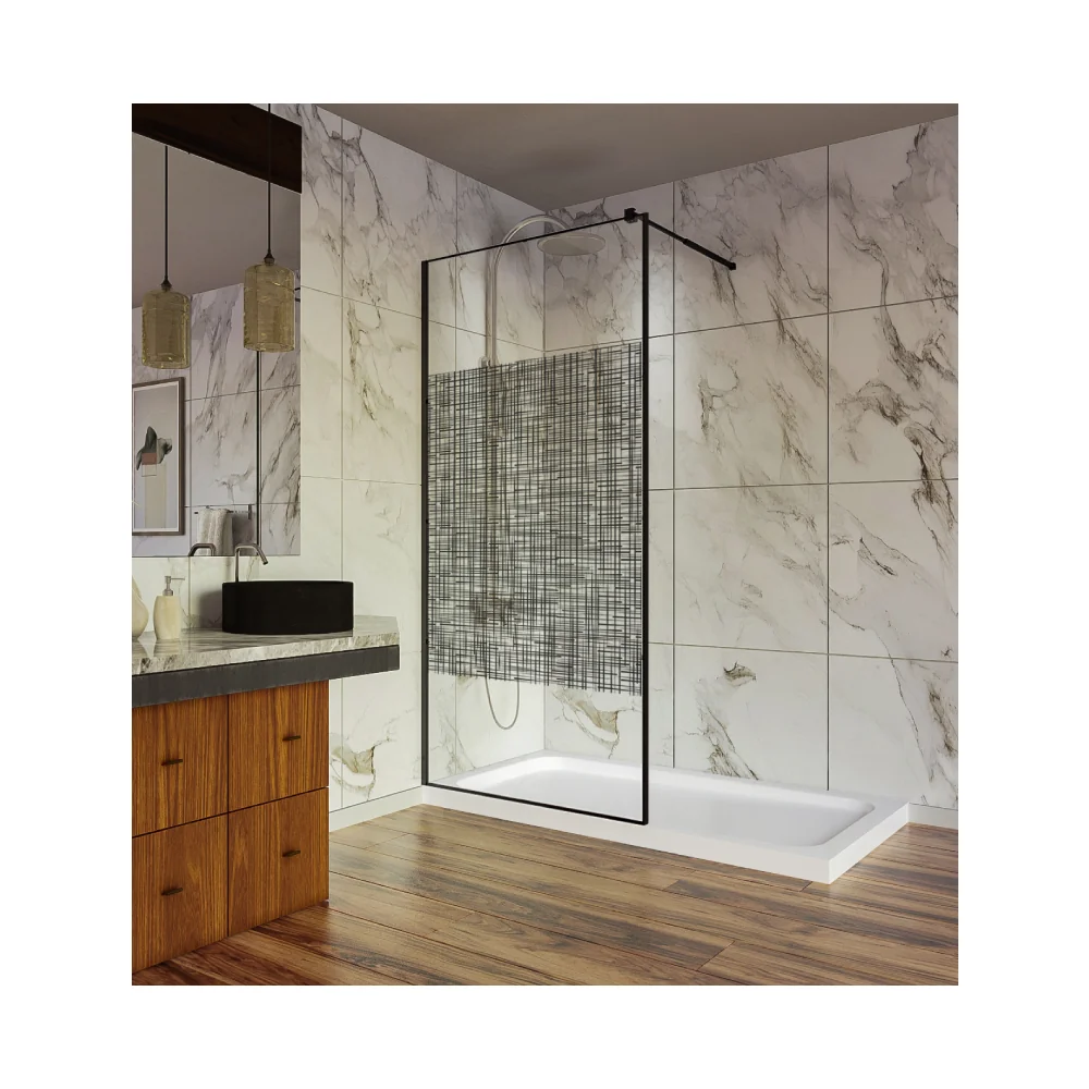 Paravan Dus Walk In / Perete Dus Sticlă Cu Model Lines 104 8 mm Profil Negru Mat Tija Extensibilă 90 x 200 cm