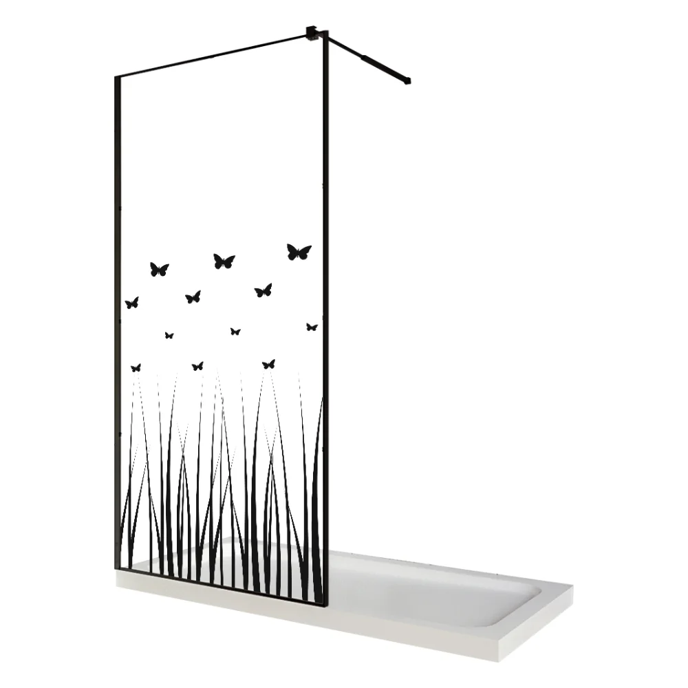 Paravan Dus Walk In / Perete Dus Sticla Cu Model Butterfly 103 6 mm Profil Negru Mat Tija Extensibila 90 x 200 cm