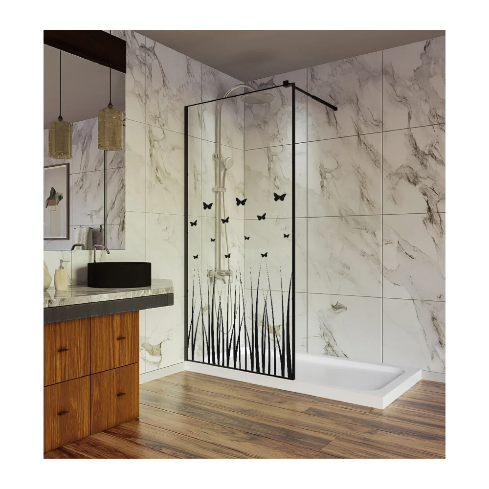 Paravan Duș Walk In / Perete Duș Sticlă Cu Model Butterfly 103 6 mm Profil Negru Mat Tijă Extensibilă 120 x 200 cm