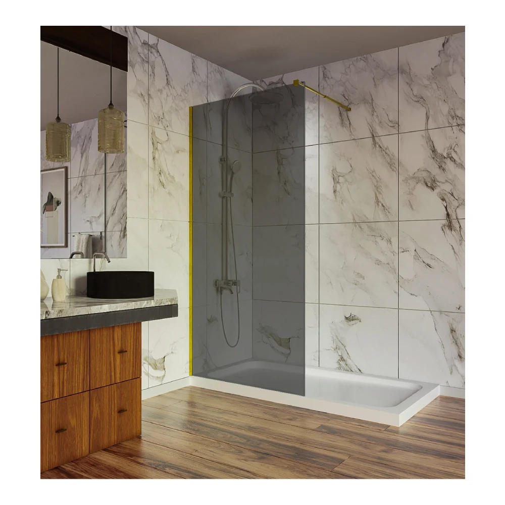 Paravan Dus Walk In / Perete Dus Sticlă Fumurie 6 Mm Profil Auriu Tija Extensibilă 80 X 200 Cm