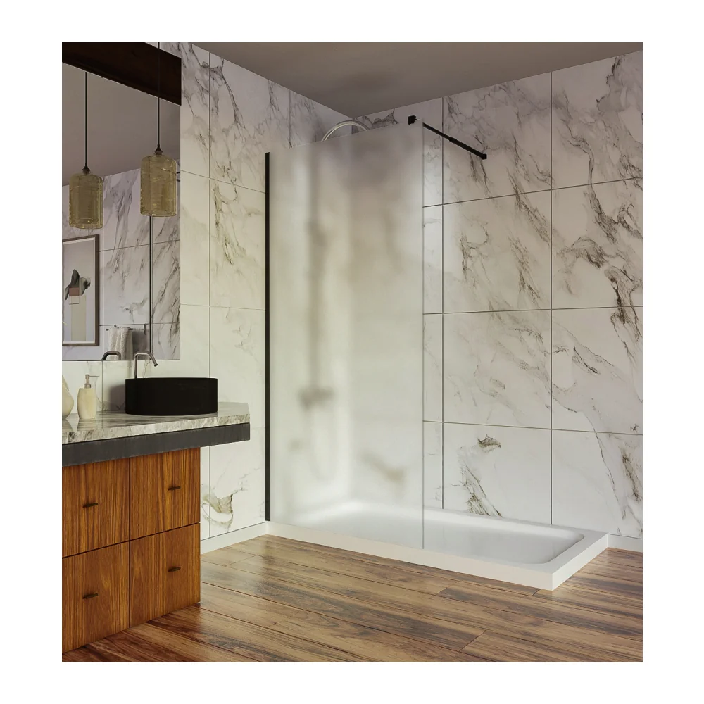 Paravan Dus Walk In / Perete Dus Sticlă Sablata 6 mm Profil Negru Mat Tija Extensibilă 120 x 200 cm