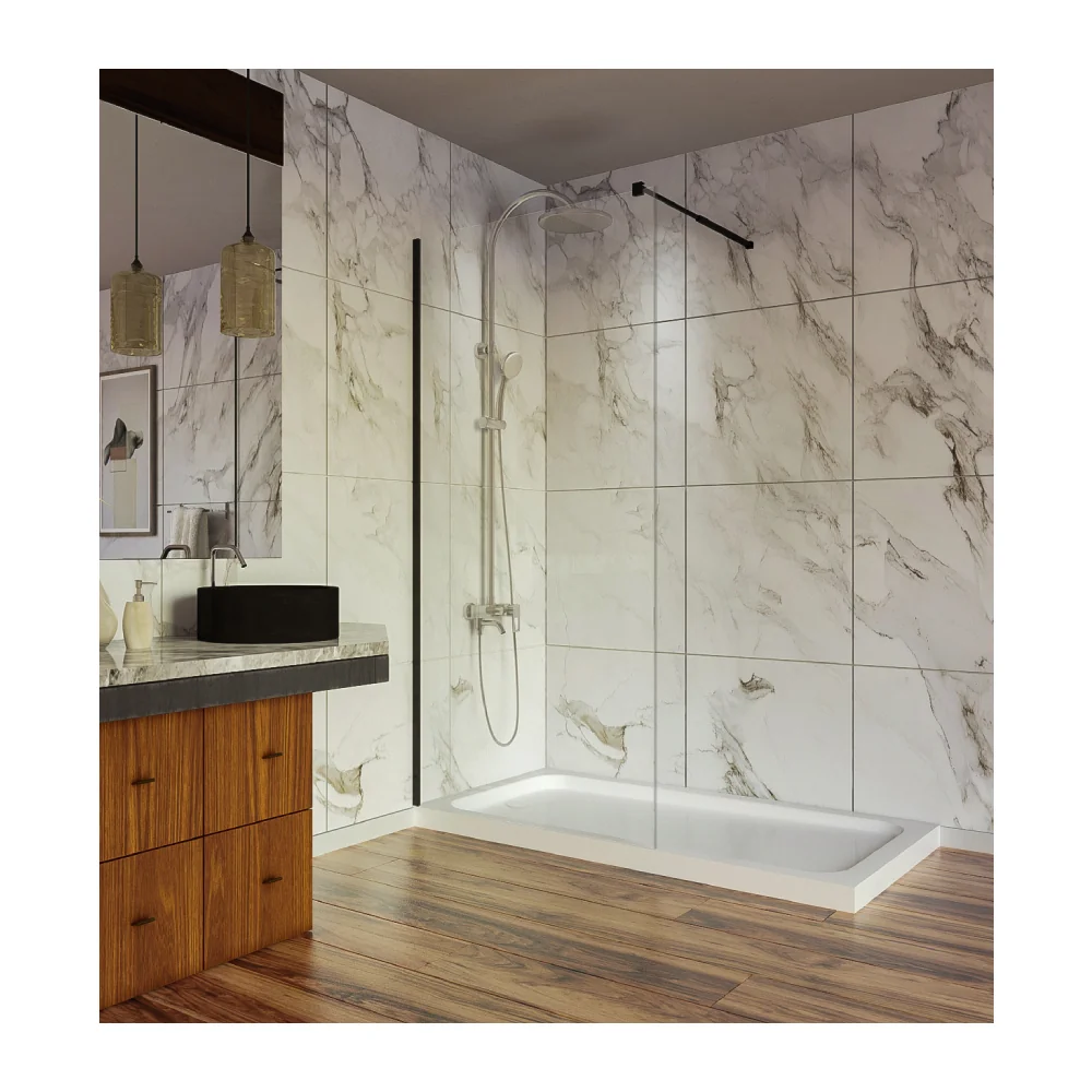 Paravan Dus Walk In / Perete Dus Sticla Transparenta 6 mm Profil Negru Mat Tija Extensibila 80 x 200 cm