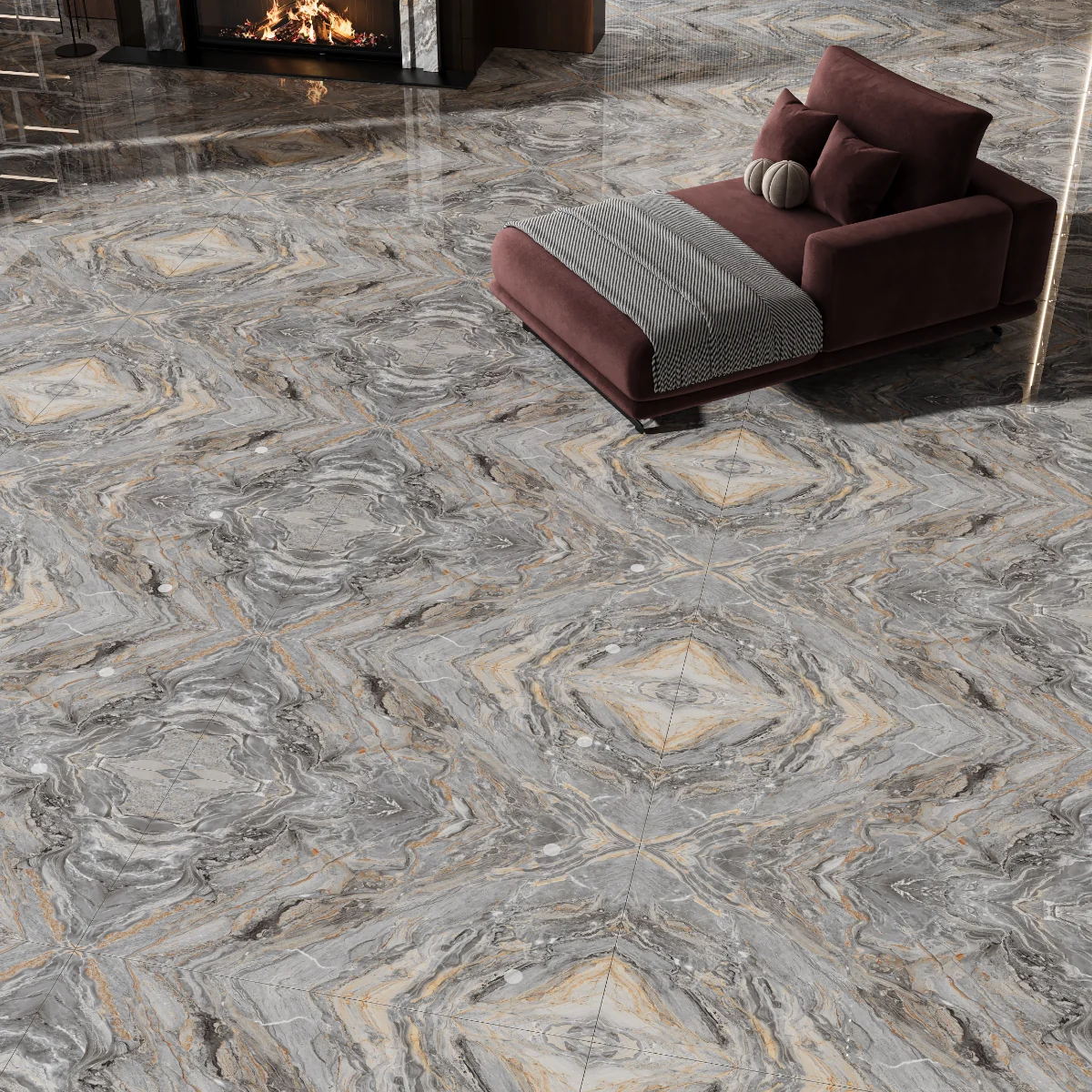 Gresie Rectificată Exterior / Interior Zasilo Grey Bookmatch B 60 x 120 cm Lucioasă Porțelanată Tip Marmură
