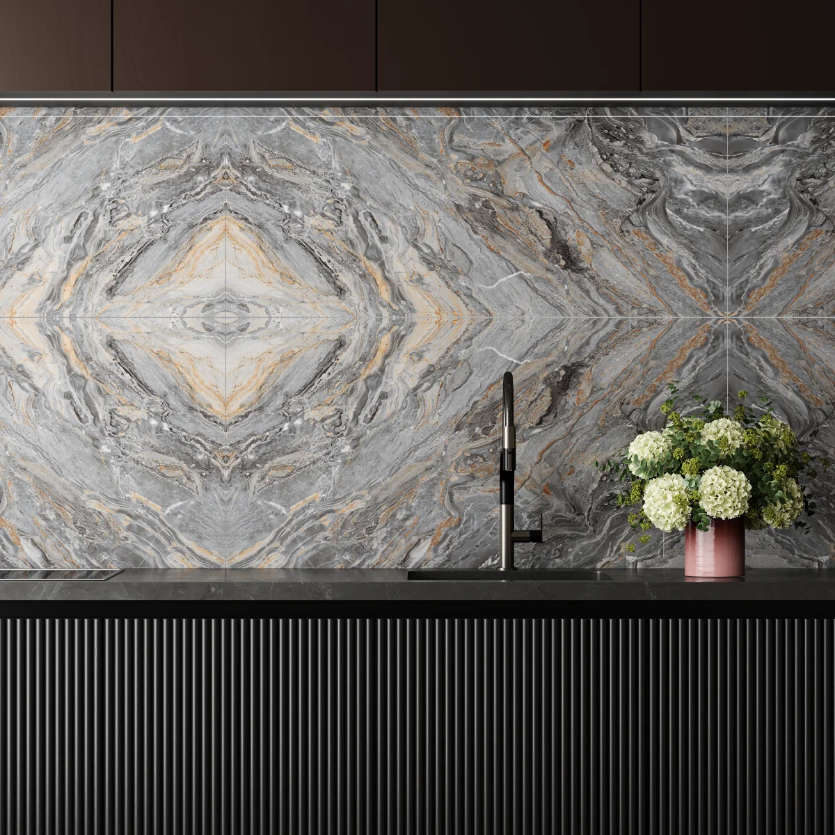 Gresie Rectificata Exterior / Interior Zasilo Grey Bookmatch A 60 x 120 cm Lucioasa Portelanata Tip Marmura