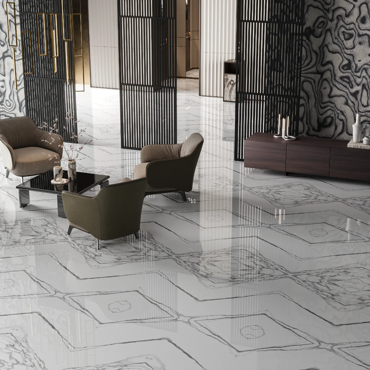 Gresie Exterior / Interior Portelanata Thunder White Bookmatch A 60 x 120 cm Lucioasa Rectificata Tip Marmura