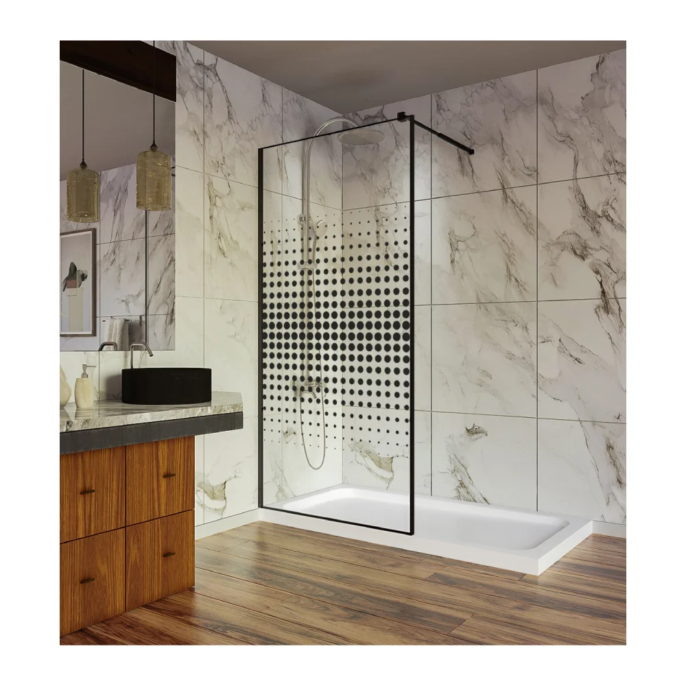 Paravan Dus Walk In / Perete Dus Sticlă cu Model Dots 106 6 mm Profil Negru Mat Tijă Extensibilă 80 x 200 cm
