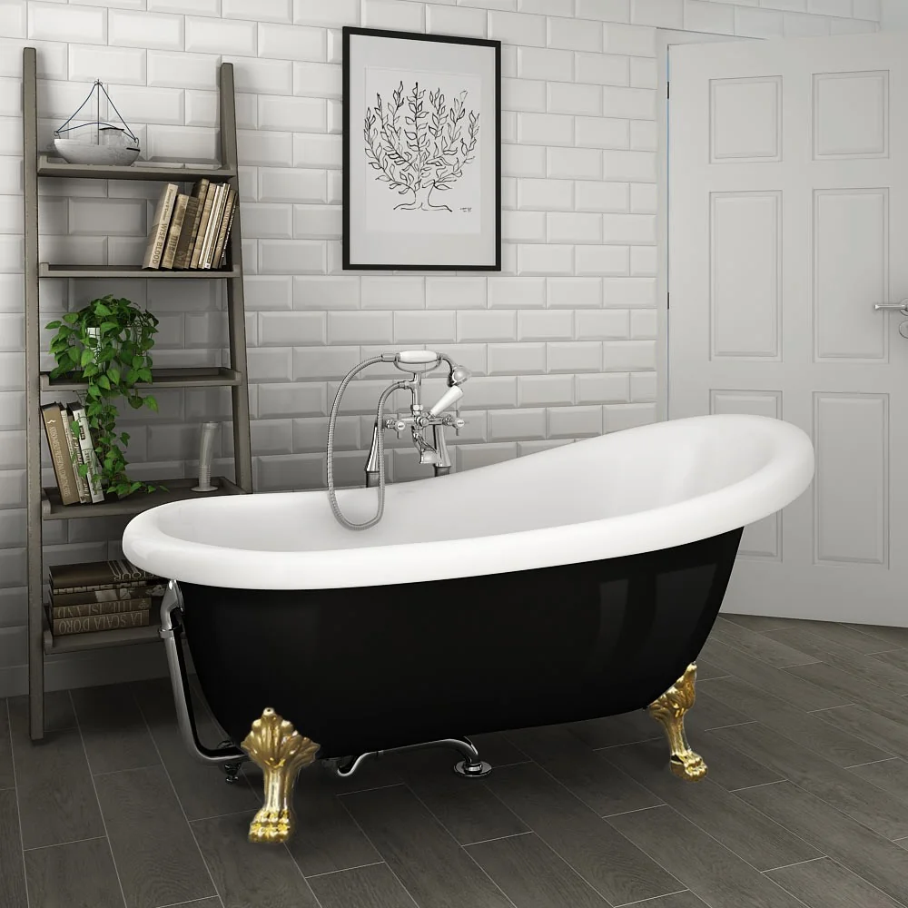 Cada Baie Freestanding Bella* BSM-404 Acril 170 x 75 x 75 Cm Negru Lucios Picioare Aurii