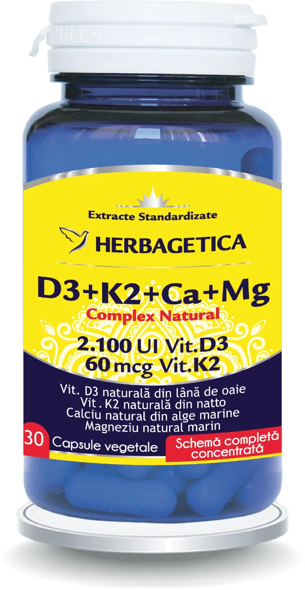 Complex Natural D3+K2+Ca, 30 capsule vegetale, Herbagetica