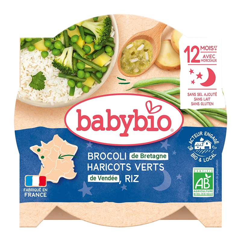 Meniu brocoli, fasole verde si orez Bio, 230g, BabyBio
