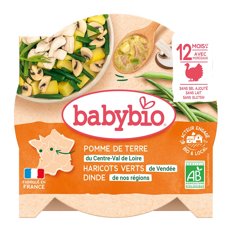 Meniu morcovi, fasole verde si felii de curcan Bio, 230g, BabyBio