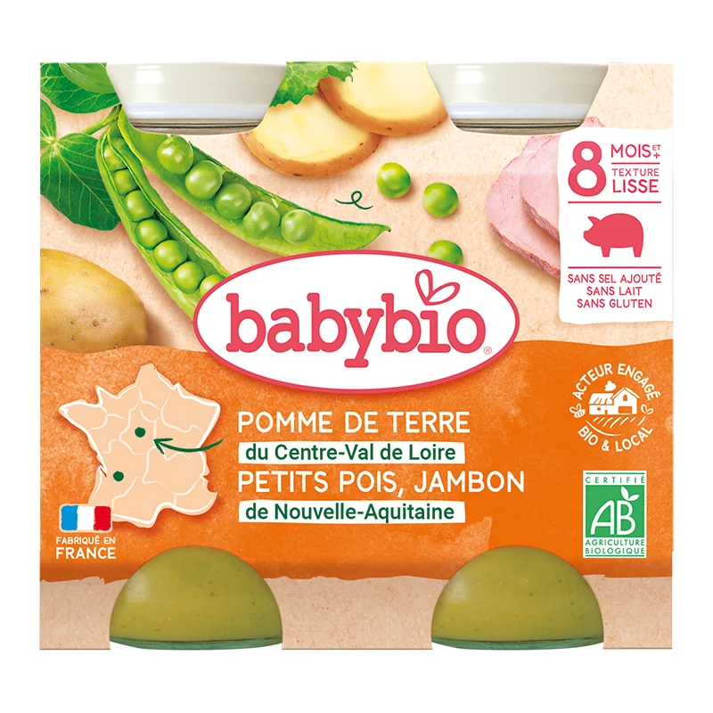 Piure bio din cartofi, mazare si jambon +8 luni, 2 x 200g, BabyBio