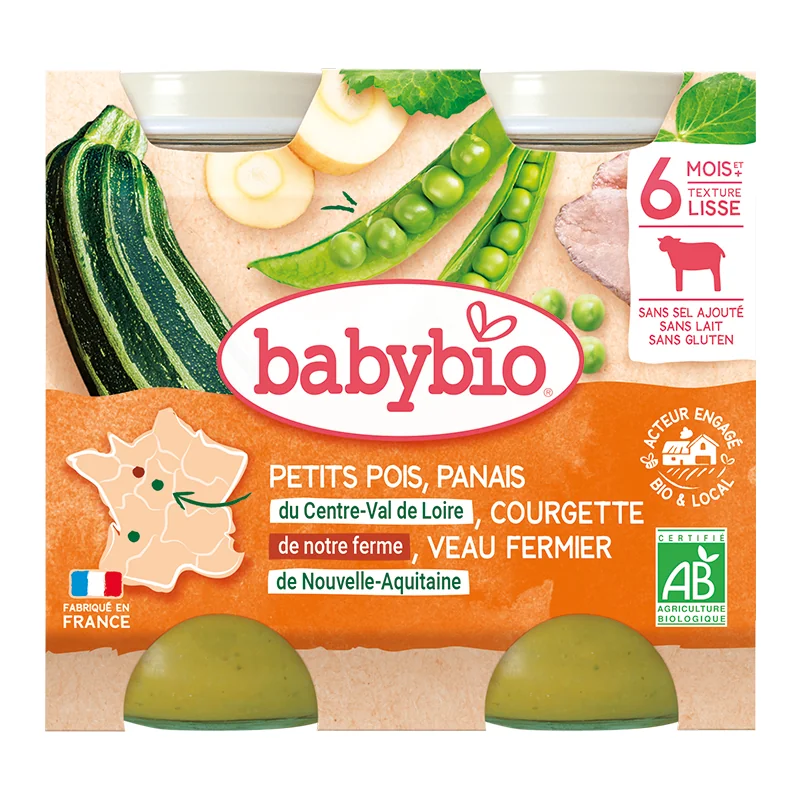Piure bio din mazare, dovlecel si vitel +6 luni, 2 x 200g, BabyBio