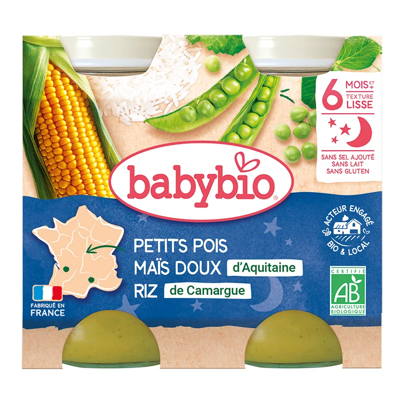 Piure de mazare, porumb dulce si orez Bio, 2 x 200g, BabyBio