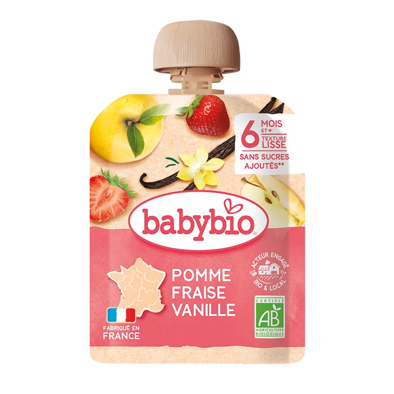 Desert bio din mere, capsuni si vanilie +6 luni, 90g, BabyBio