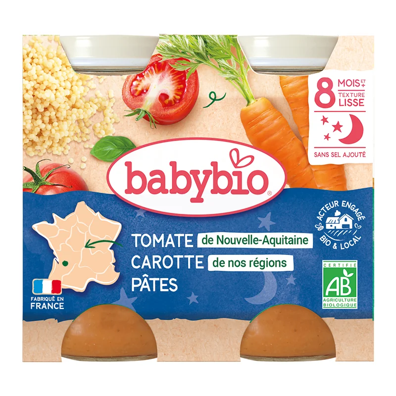 Piure de morcovi cu rosii si paste, 2 x 200g, BabyBio