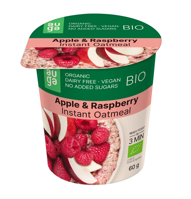 Porridge din ovaz integral cu mar si zmeura Bio, 60g, Auga