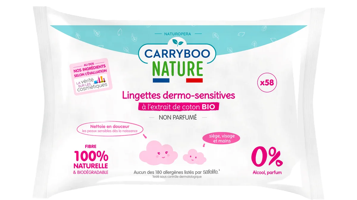 Servetele umede hipoalergenice fara parfum si cu extract de bumbac, 58 bucati, Carryboo