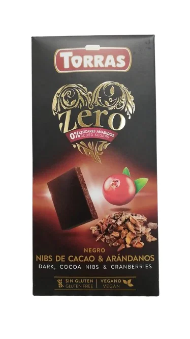 Ciocolata neagra cu merisoare fara zahar si gluten 52% cacao Zero, 125g, Torras
