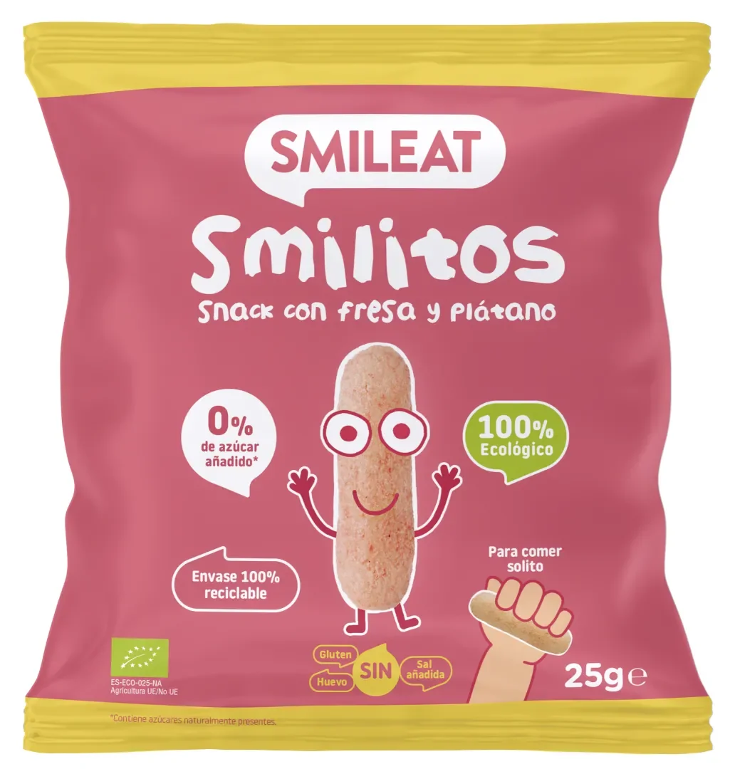 Pufuleti Smilitos cu ulei de masline & banane si capsuni +6 luni Bio, 25g, Smileat
