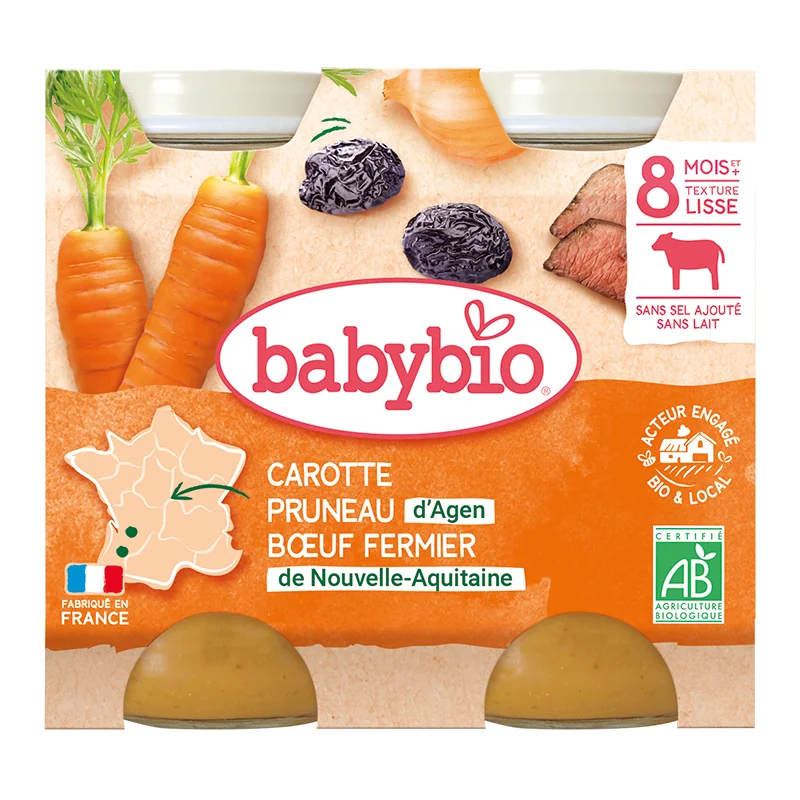 Piure din carne de vacuta, morcovi si prune uscate Bio +8 luni, 2 x 200g, BabyBio