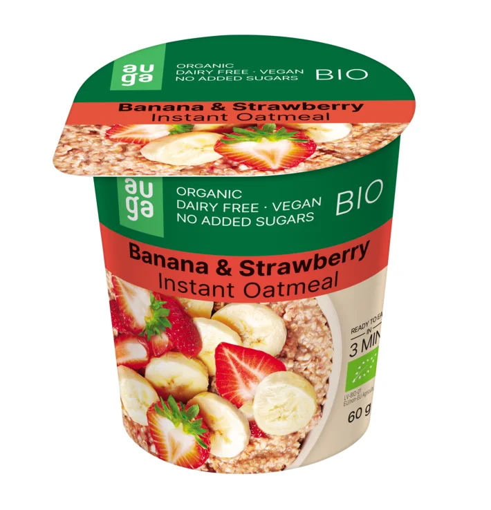 Porridge instant din ovaz integral banane si capsuni, 60g, Auga