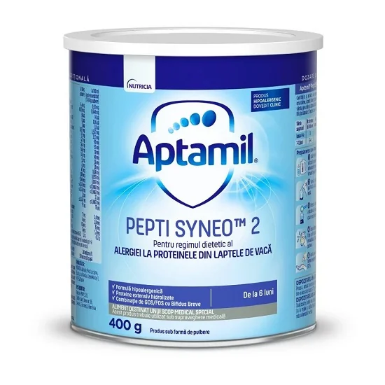 Lapte Pentru Regimul Dietetic Al Alergiei La Proteinele Din Laptele De Vaca De La 6 Luni Pepti Syneo 2, 400g, Aptamil