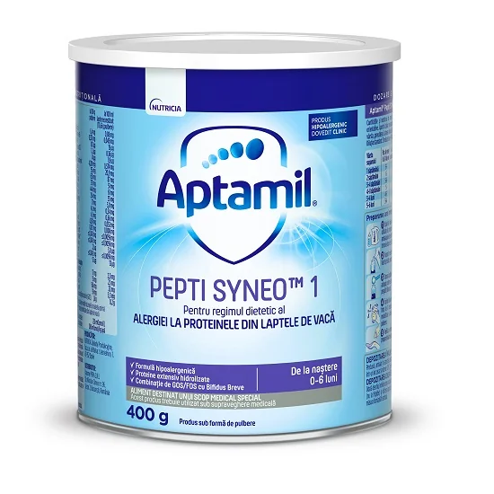 Lapte Pentru Regimul Dietetic Al Alergiei La Proteinele Din Laptele De Vaca De La Nastere 0-6 Luni Pepti Syneo 1, 400g, Aptamil