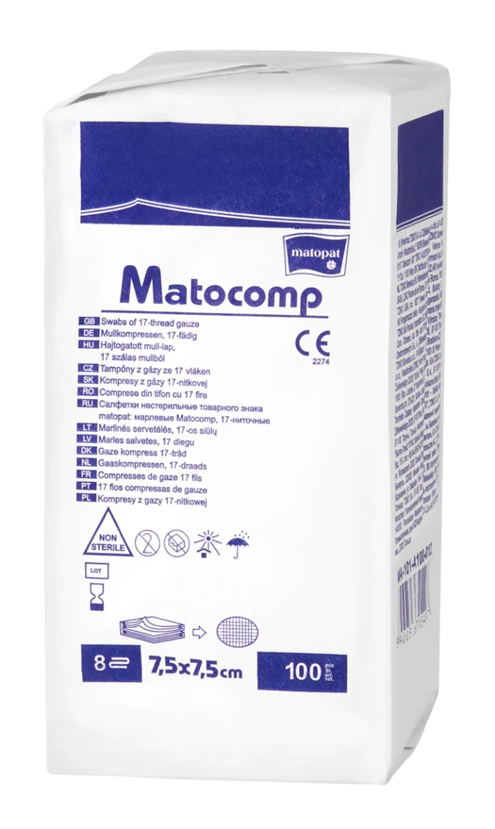 Comprese nesterile tifon 8 straturi 17 fire 7.5x7.5cm, 100 bucati, Matopat