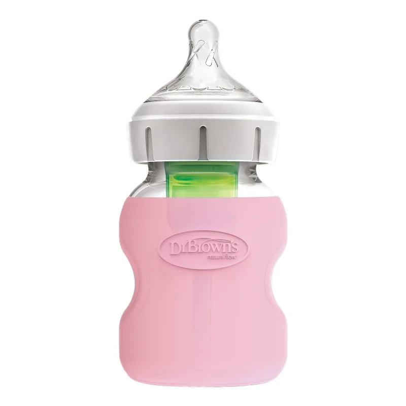 Protectie Silicon Pentru Biberon Din Sticla Cu Gat Larg Roz Pal, 150ml, Dr. Brown's