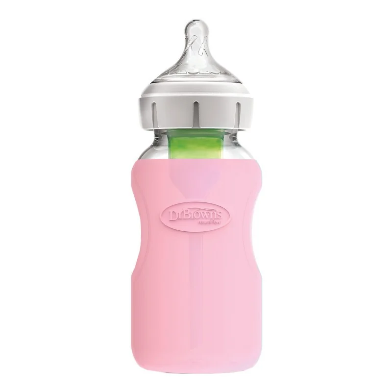 Protectie Silicon Pentru Biberon Din Sticla Cu Gat Larg Roz Pal, 270ml, Dr. Brown's