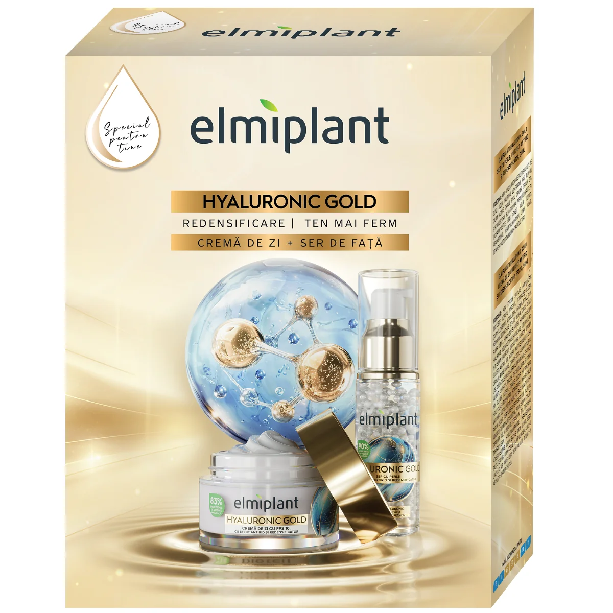 Pachet Hyaluronic Gold Crema de zi 30ml + Ser de fata 30ml, 1 bucata, Elmiplant