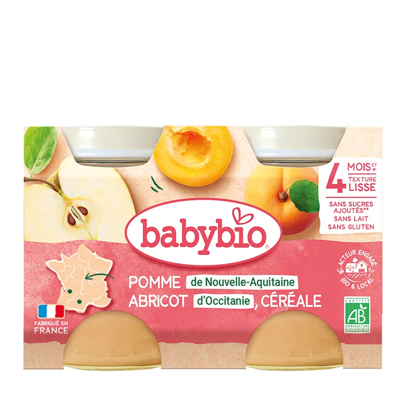 Piure din mere, caise si cereale Bio +4 luni, 2 x 130g, BabyBio