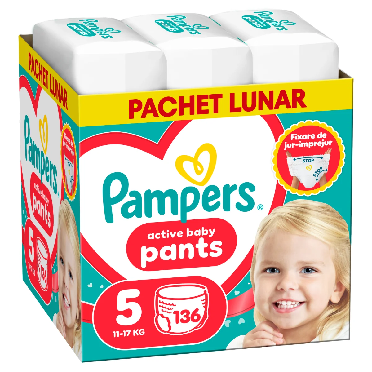 Scutece-chilotel Pants XXL Box Marimea 5 pentru 11-17 kg, 136 bucati, Pampers
