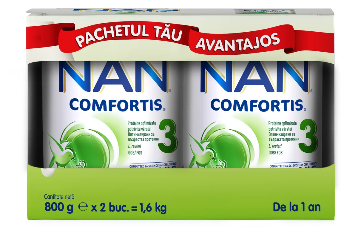 Produs pe baza de lapte praf fortifiat NAN Comfortis 3 de la un an, 2 x 800g, Nestle